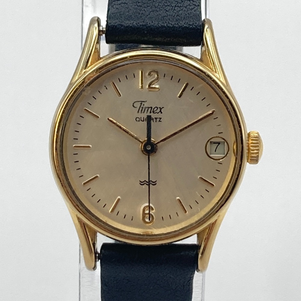 Vintage Timex Womens Watch 22mm Gold Tone Linen Dial Date New Battery SMALL 7.5" - Picture 1 of 16